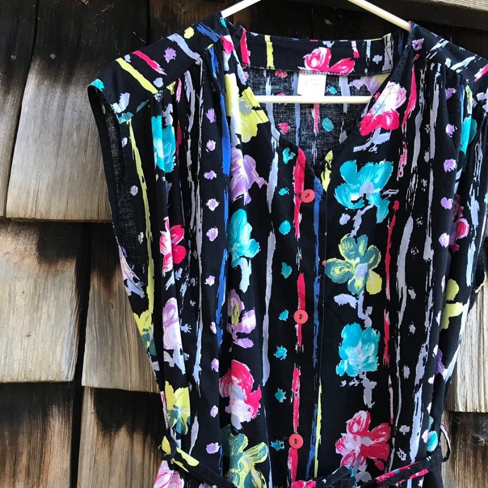 Vintage 80s Abstract Floral Print Cotton Day Dress